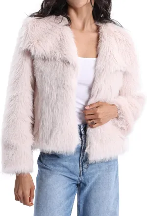 Xintianji Womens Faux Fur Turn-Down Collar Jacket Coat - Open Front Long Sleeve Winter Fuzzy Fleece Coat with Side Pockets