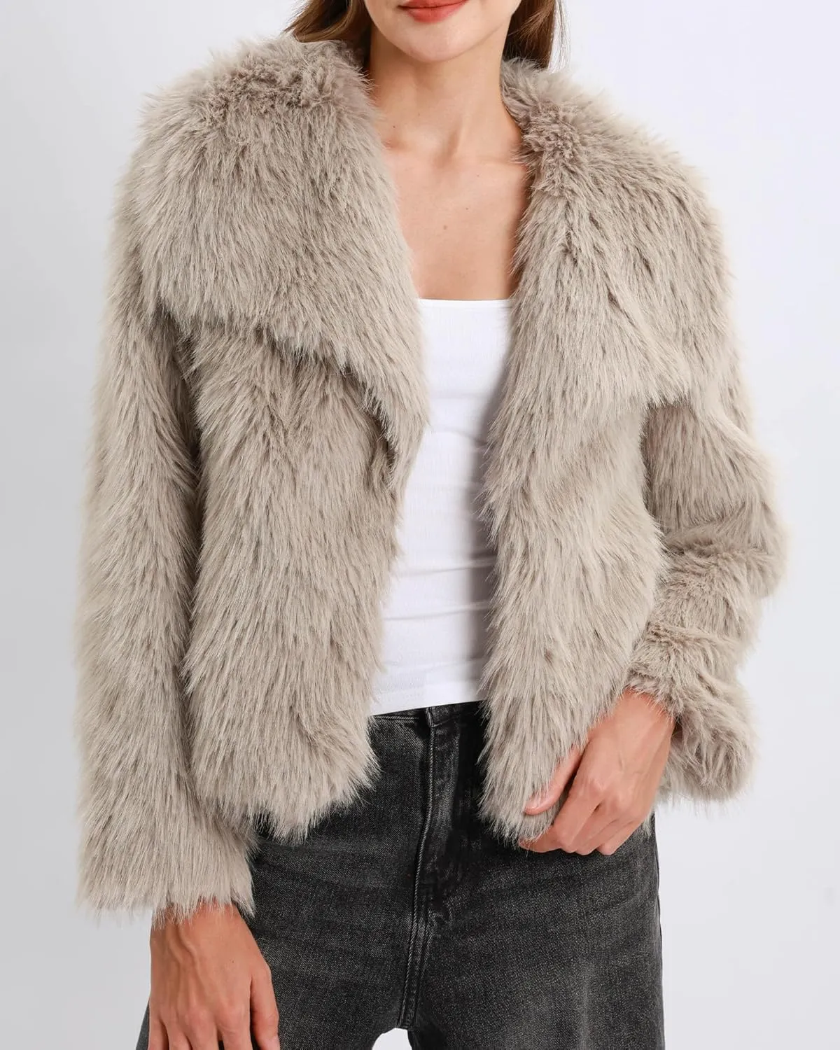 Xintianji Womens Faux Fur Turn-Down Collar Jacket Coat - Open Front Long Sleeve Winter Fuzzy Fleece Coat with Side Pockets