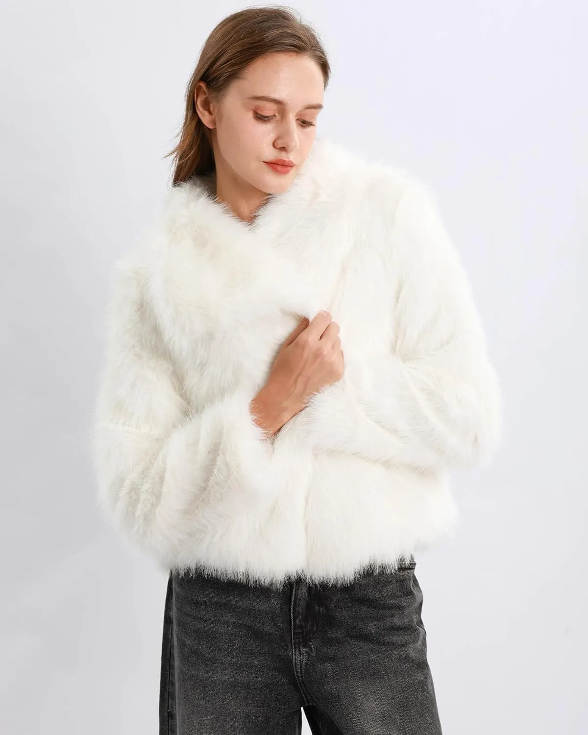 Xintianji Womens Faux Fur Turn-Down Collar Jacket Coat - Open Front Long Sleeve Winter Fuzzy Fleece Coat with Side Pockets