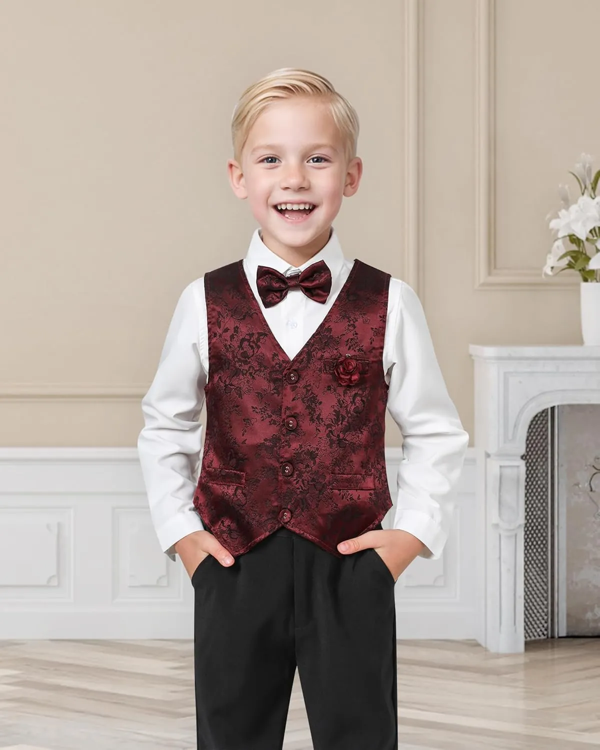 YALLET Boys Formal Vest Paisley Jacquard Necktie Bow tie Corsage Pocket Square Suit Waistcoat Set Wedding 5PCS