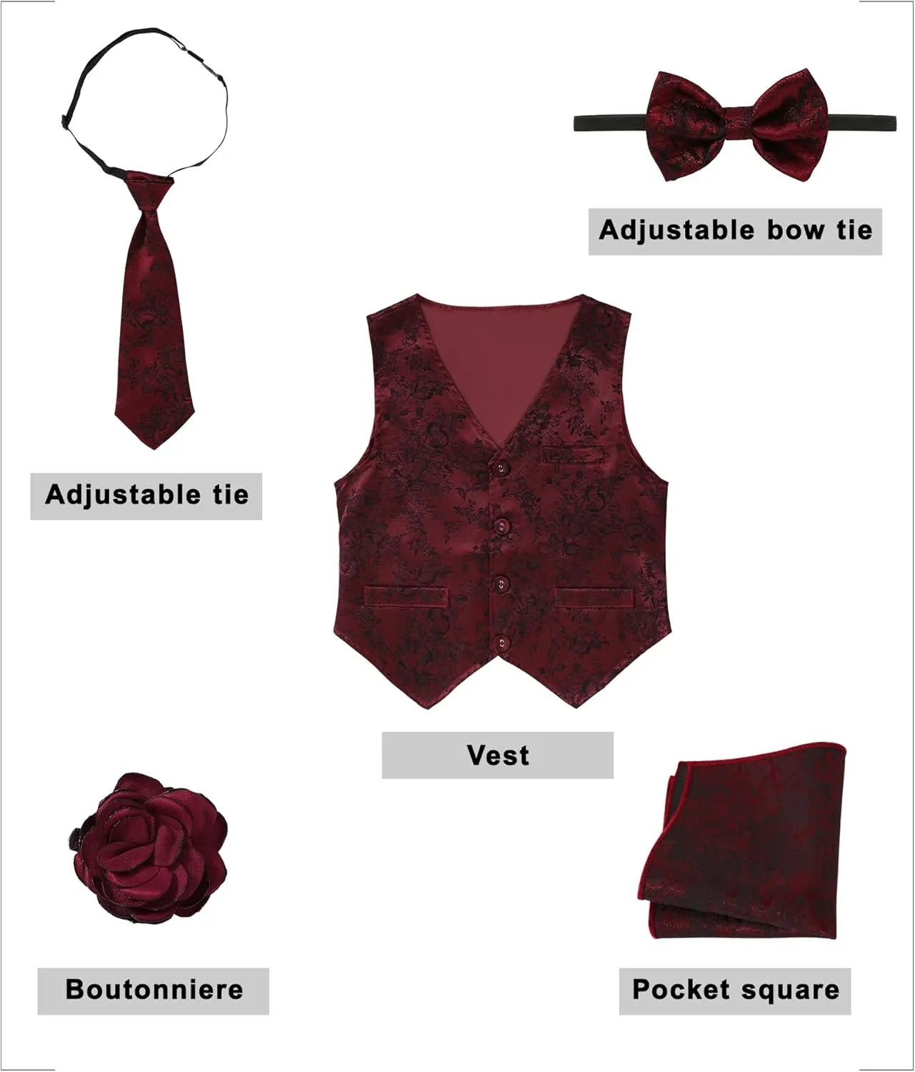 YALLET Boys Formal Vest Paisley Jacquard Necktie Bow tie Corsage Pocket Square Suit Waistcoat Set Wedding 5PCS
