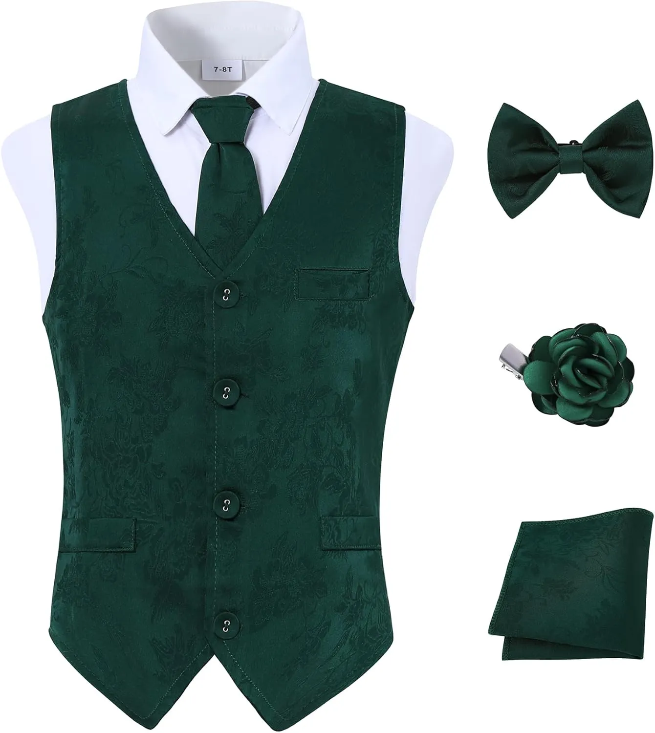 YALLET Boys Formal Vest Paisley Jacquard Necktie Bow tie Corsage Pocket Square Suit Waistcoat Set Wedding 5PCS