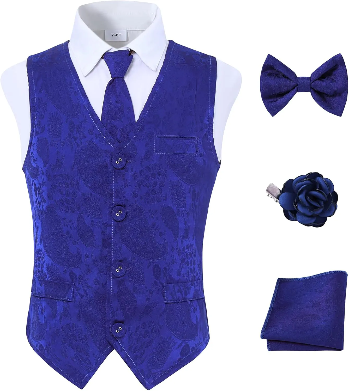 YALLET Boys Formal Vest Paisley Jacquard Necktie Bow tie Corsage Pocket Square Suit Waistcoat Set Wedding 5PCS