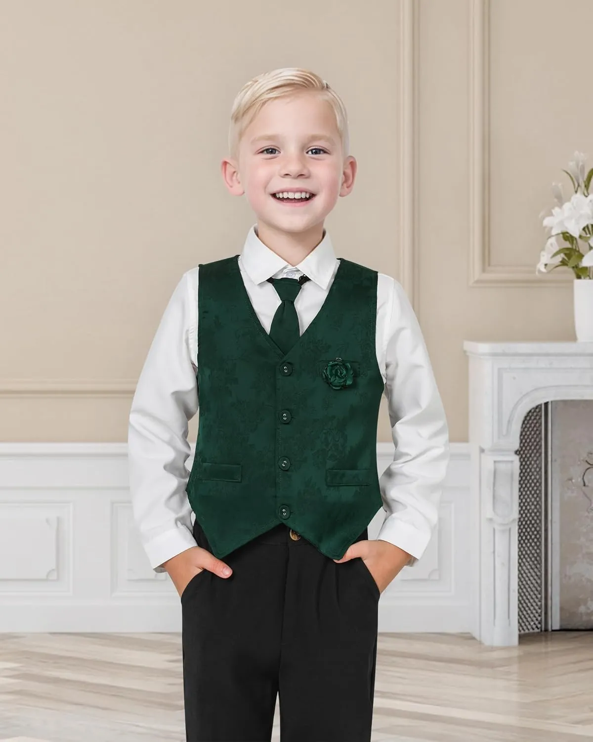 YALLET Boys Formal Vest Paisley Jacquard Necktie Bow tie Corsage Pocket Square Suit Waistcoat Set Wedding 5PCS