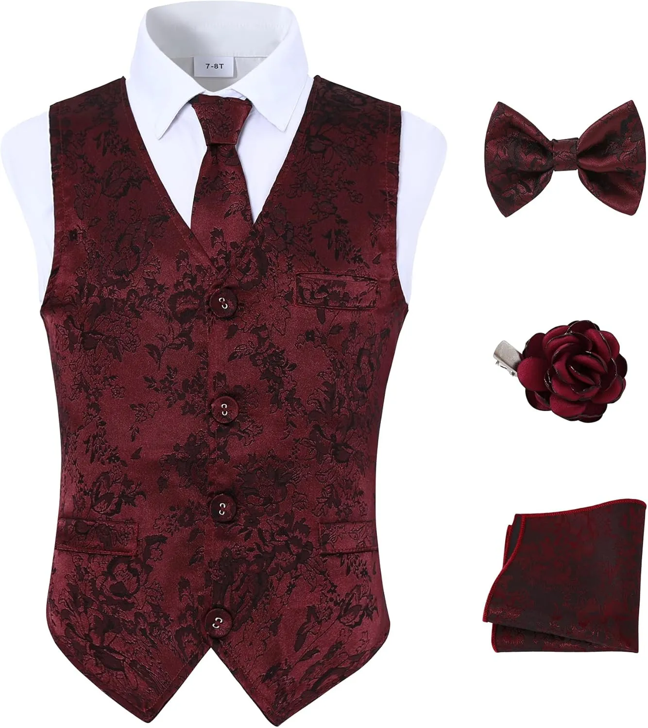 YALLET Boys Formal Vest Paisley Jacquard Necktie Bow tie Corsage Pocket Square Suit Waistcoat Set Wedding 5PCS