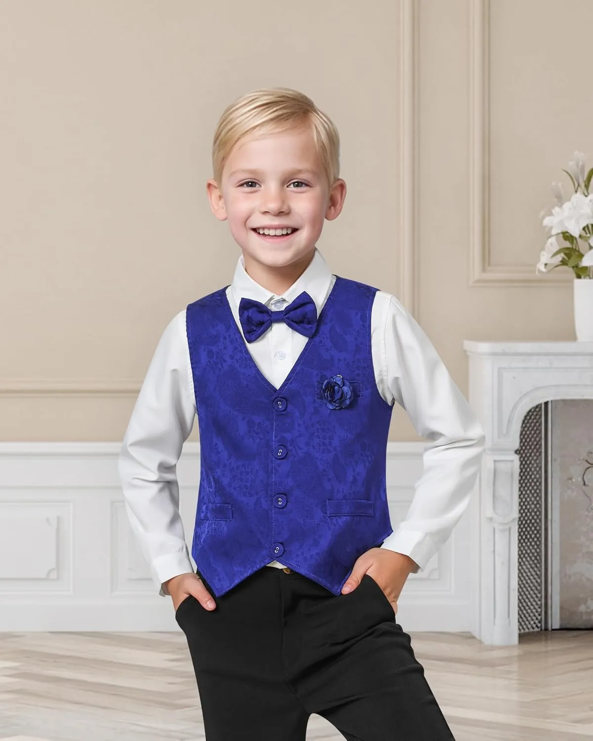 YALLET Boys Formal Vest Paisley Jacquard Necktie Bow tie Corsage Pocket Square Suit Waistcoat Set Wedding 5PCS