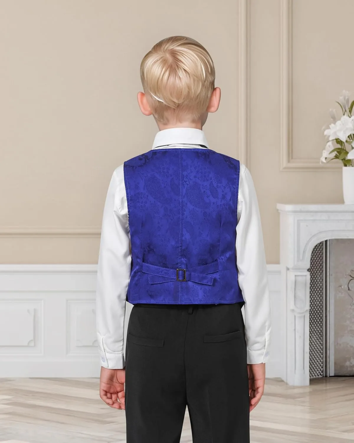YALLET Boys Formal Vest Paisley Jacquard Necktie Bow tie Corsage Pocket Square Suit Waistcoat Set Wedding 5PCS
