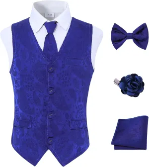 YALLET Boys Formal Vest Paisley Jacquard Necktie Bow tie Corsage Pocket Square Suit Waistcoat Set Wedding 5PCS