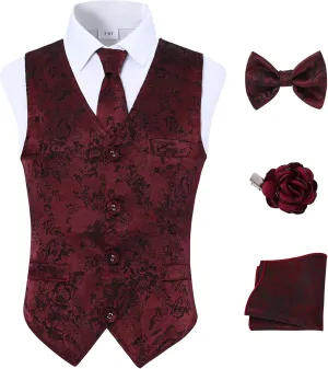 YALLET Boys Formal Vest Paisley Jacquard Necktie Bow tie Corsage Pocket Square Suit Waistcoat Set Wedding 5PCS