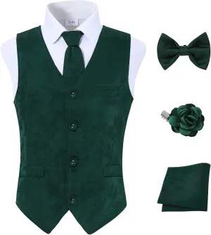 YALLET Boys Formal Vest Paisley Jacquard Necktie Bow tie Corsage Pocket Square Suit Waistcoat Set Wedding 5PCS