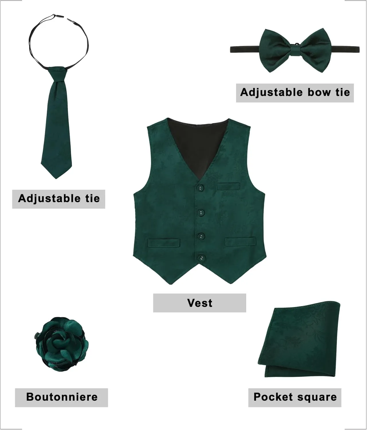 YALLET Boys Formal Vest Paisley Jacquard Necktie Bow tie Corsage Pocket Square Suit Waistcoat Set Wedding 5PCS