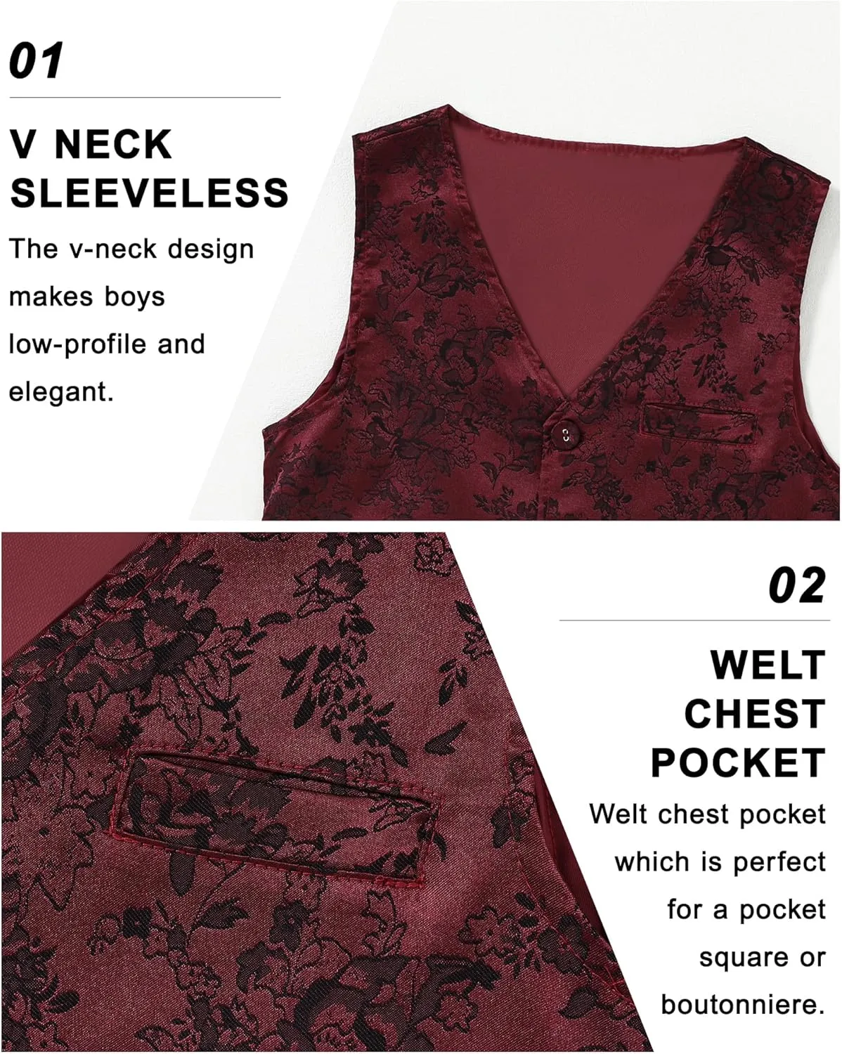 YALLET Boys Formal Vest Paisley Jacquard Necktie Bow tie Corsage Pocket Square Suit Waistcoat Set Wedding 5PCS