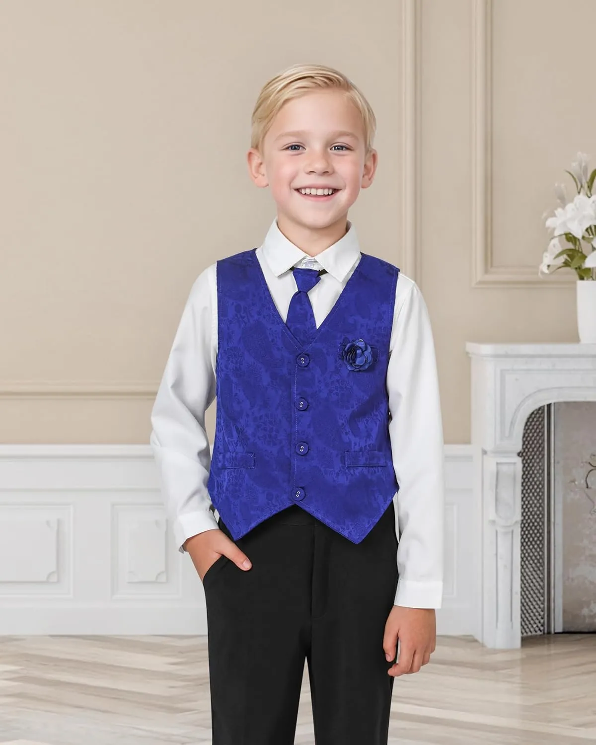 YALLET Boys Formal Vest Paisley Jacquard Necktie Bow tie Corsage Pocket Square Suit Waistcoat Set Wedding 5PCS