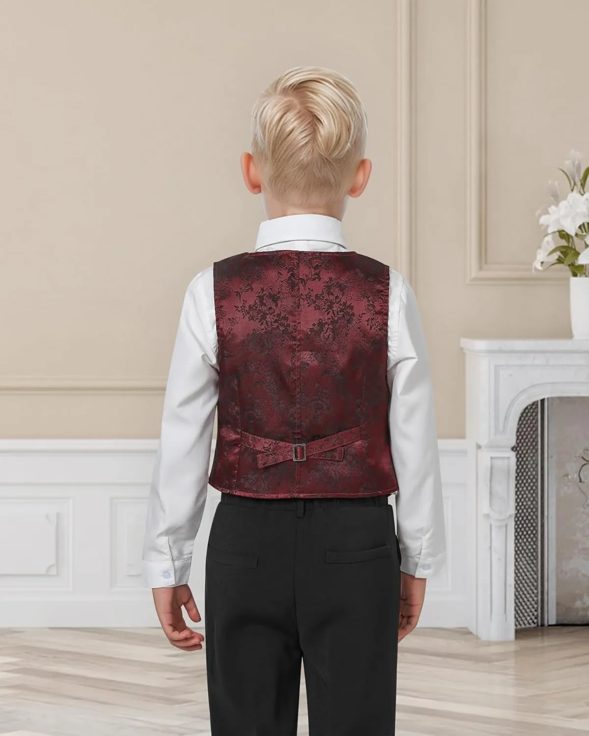 YALLET Boys Formal Vest Paisley Jacquard Necktie Bow tie Corsage Pocket Square Suit Waistcoat Set Wedding 5PCS