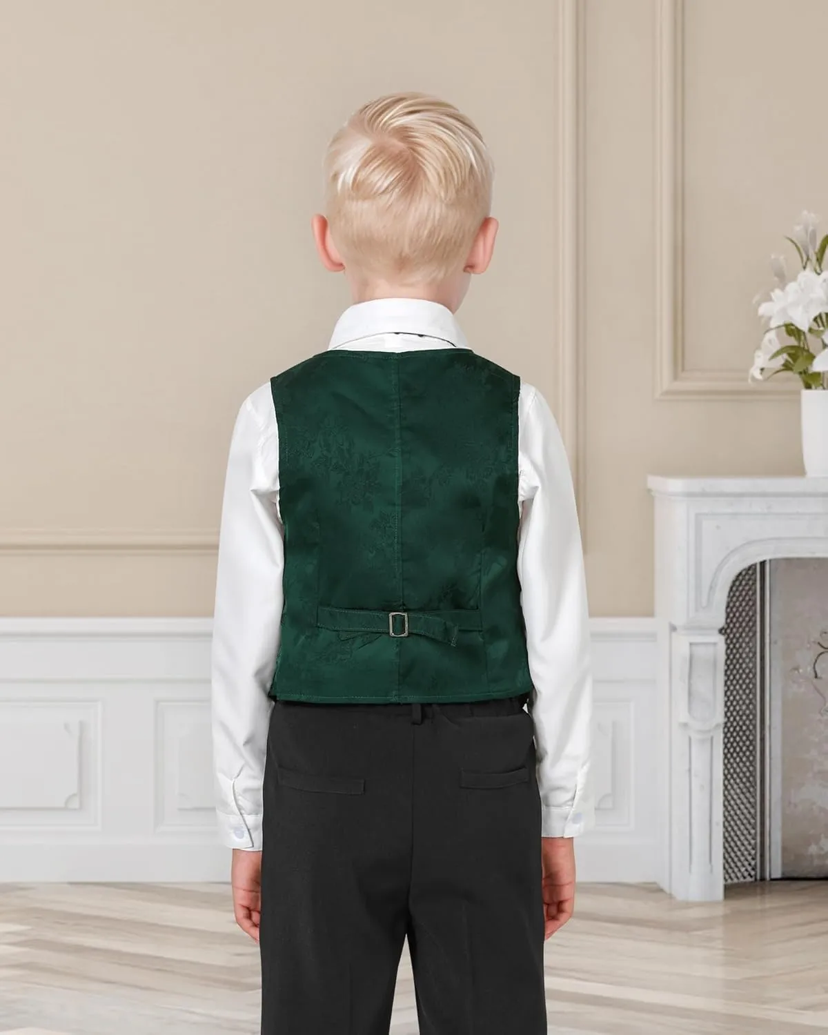 YALLET Boys Formal Vest Paisley Jacquard Necktie Bow tie Corsage Pocket Square Suit Waistcoat Set Wedding 5PCS