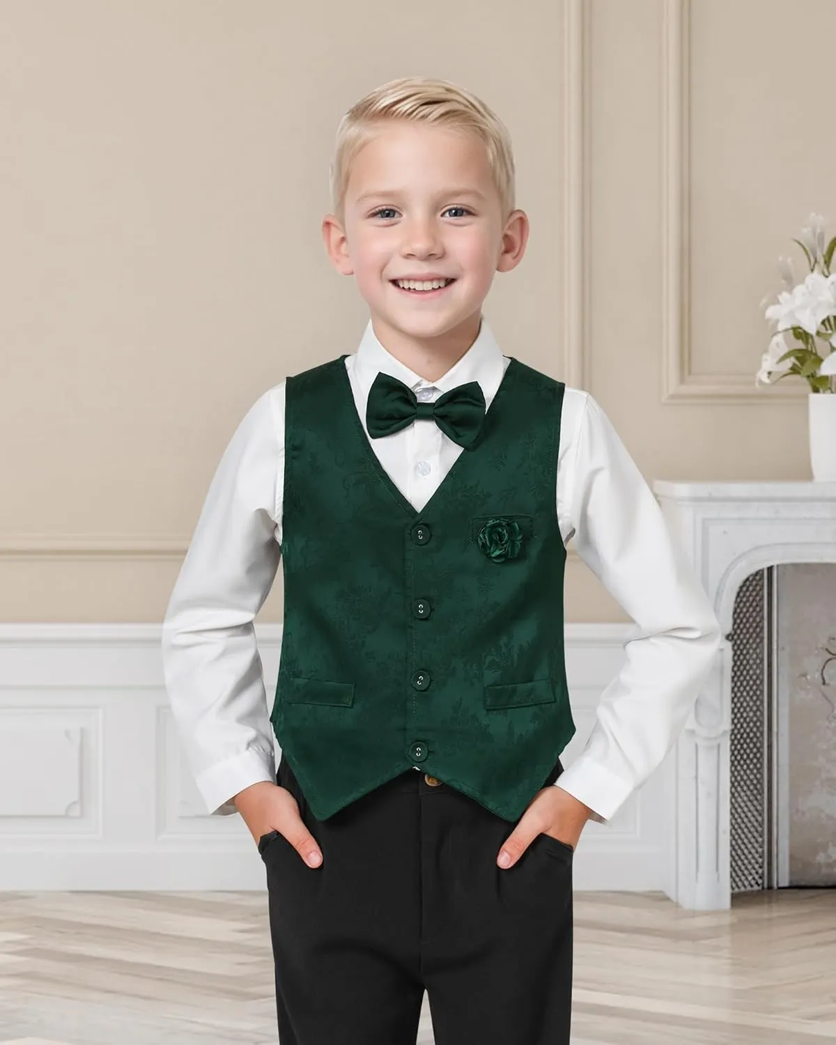 YALLET Boys Formal Vest Paisley Jacquard Necktie Bow tie Corsage Pocket Square Suit Waistcoat Set Wedding 5PCS