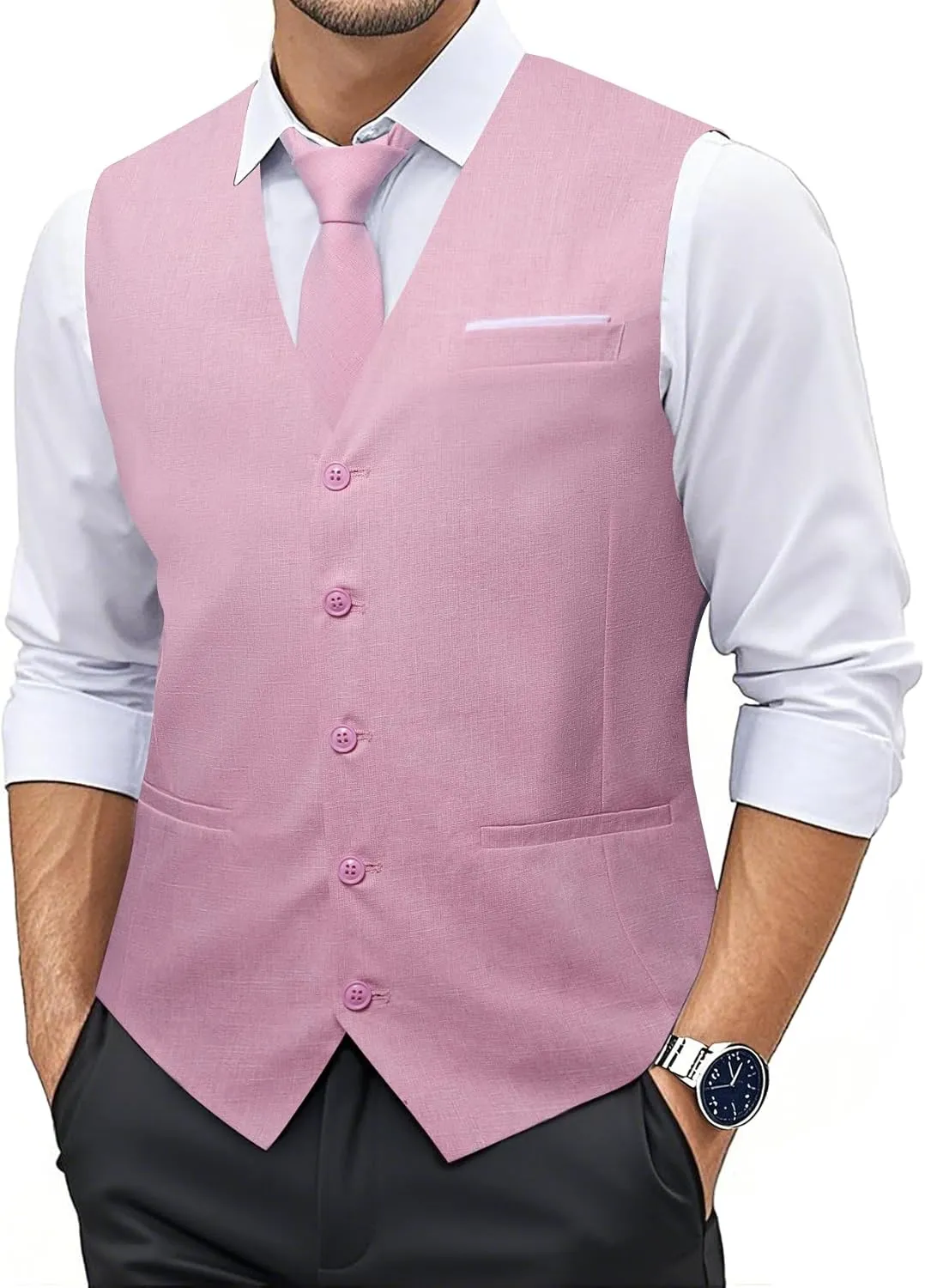YOHOWA Men's Formal Suit Vest and Tie Set Business Casual Waistcoat Solid Colors Wedding Western Tuxedo Vest V-Neck