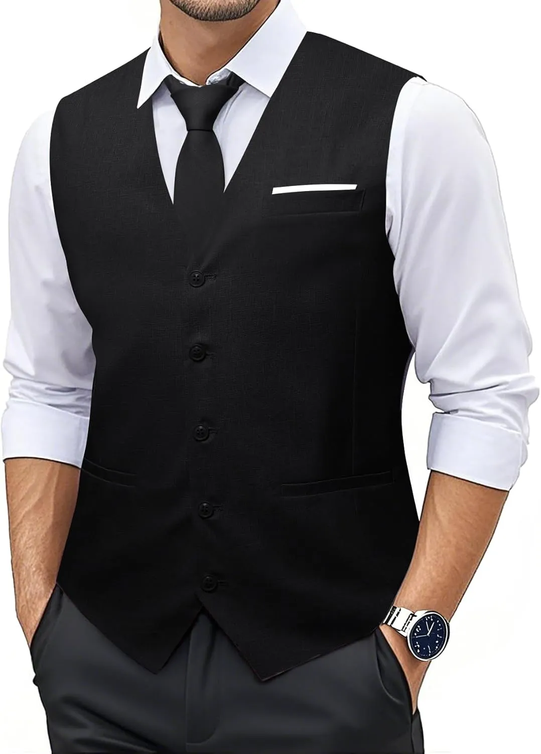 YOHOWA Men's Formal Suit Vest and Tie Set Business Casual Waistcoat Solid Colors Wedding Western Tuxedo Vest V-Neck