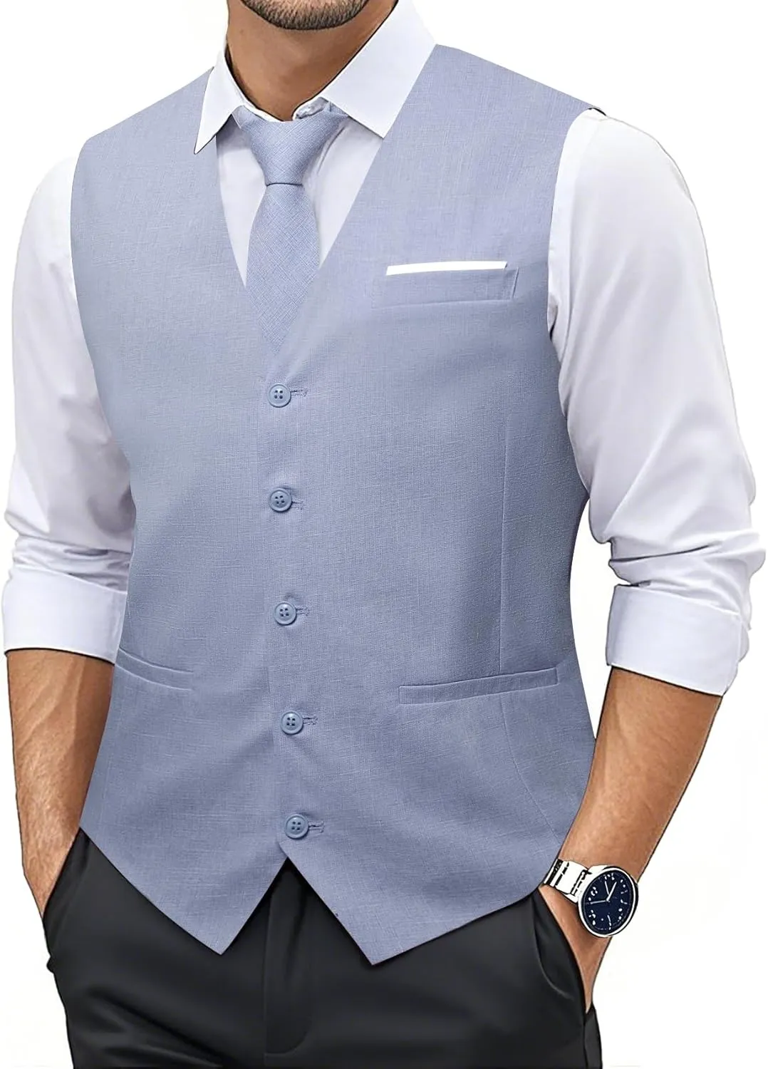 YOHOWA Men's Formal Suit Vest and Tie Set Business Casual Waistcoat Solid Colors Wedding Western Tuxedo Vest V-Neck