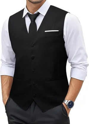 YOHOWA Men's Formal Suit Vest and Tie Set Business Casual Waistcoat Solid Colors Wedding Western Tuxedo Vest V-Neck