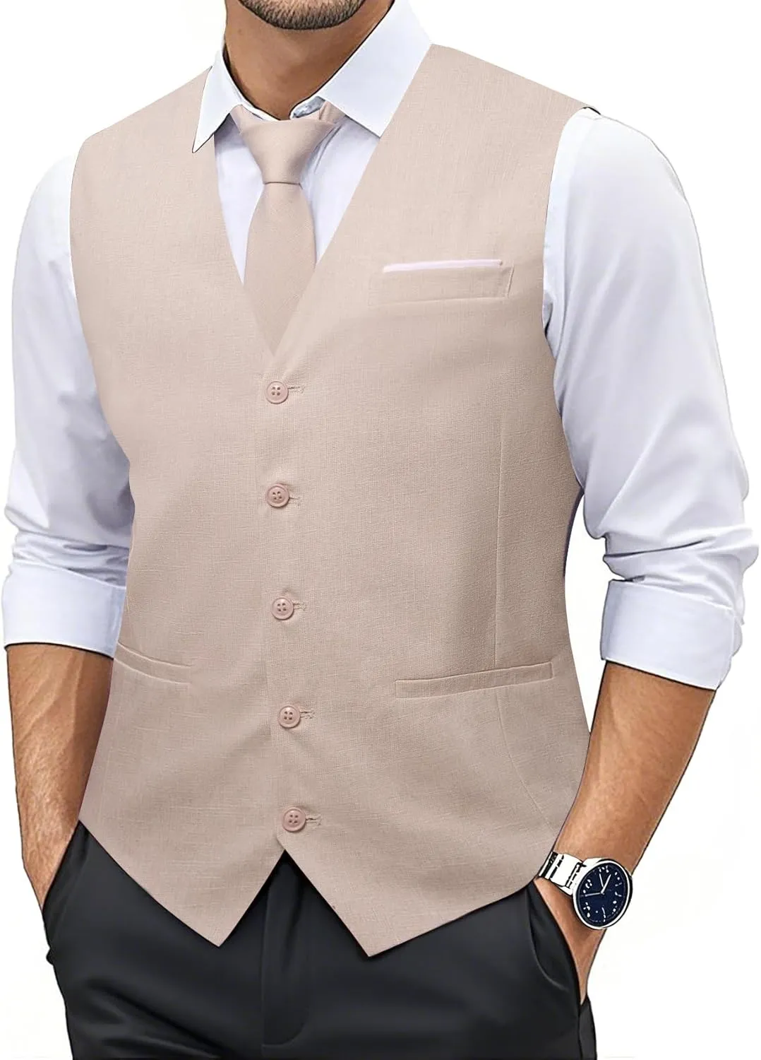 YOHOWA Men's Formal Suit Vest and Tie Set Business Casual Waistcoat Solid Colors Wedding Western Tuxedo Vest V-Neck