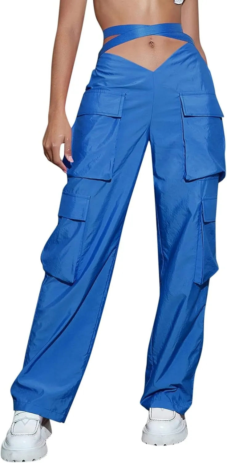 YOLAI Woman V Crosseed Baggy Cargo Pant Streetwear Hip Hop Overalls Trousers High Waist Joggers Sweatpants with Pockets (Blue, S)