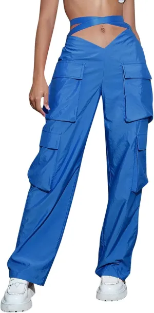YOLAI Woman V Crosseed Baggy Cargo Pant Streetwear Hip Hop Overalls Trousers High Waist Joggers Sweatpants with Pockets (Blue, S)