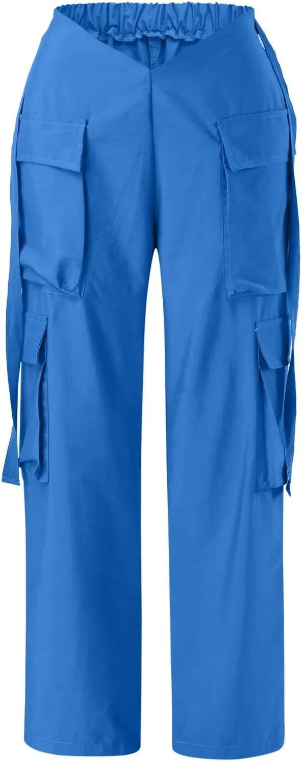 YOLAI Woman V Crosseed Baggy Cargo Pant Streetwear Hip Hop Overalls Trousers High Waist Joggers Sweatpants with Pockets (Blue, S)