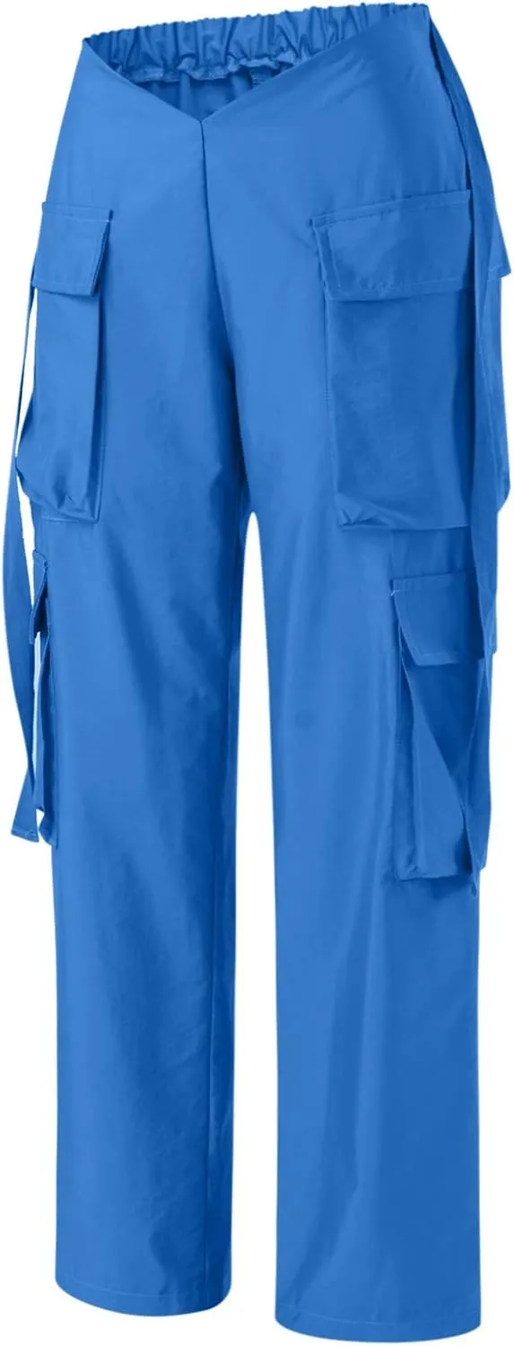 YOLAI Woman V Crosseed Baggy Cargo Pant Streetwear Hip Hop Overalls Trousers High Waist Joggers Sweatpants with Pockets (Blue, S)