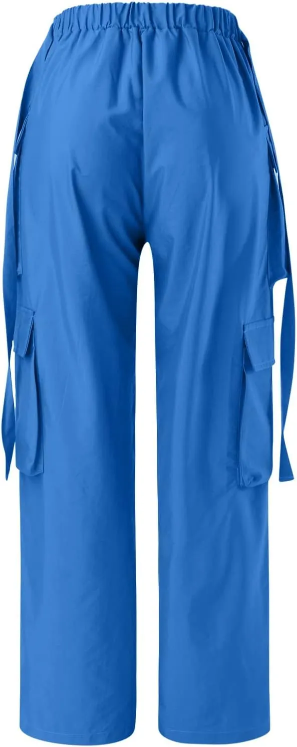 YOLAI Woman V Crosseed Baggy Cargo Pant Streetwear Hip Hop Overalls Trousers High Waist Joggers Sweatpants with Pockets (Blue, S)
