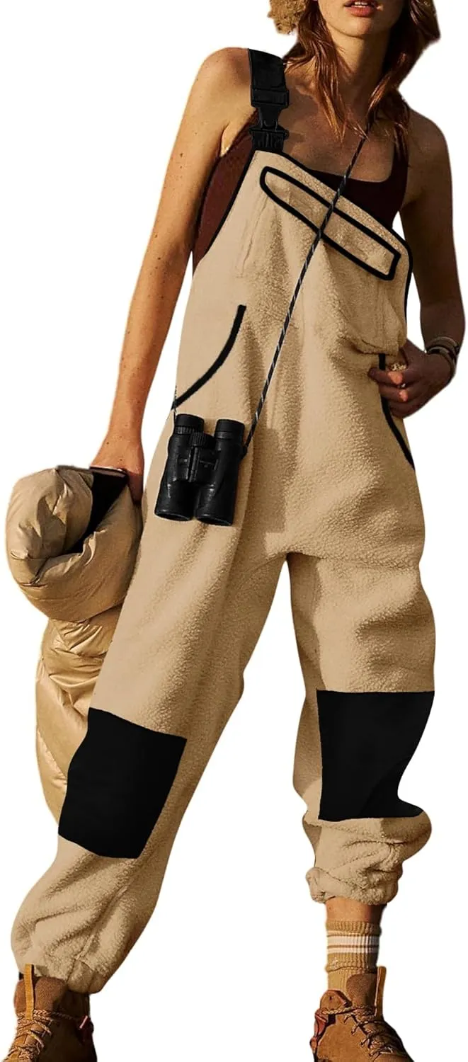 Yousify Women's Fleece Warm Overalls Winter Casual Jumpsuits with Pockets Ski Bibs Snow Pants S-2XL