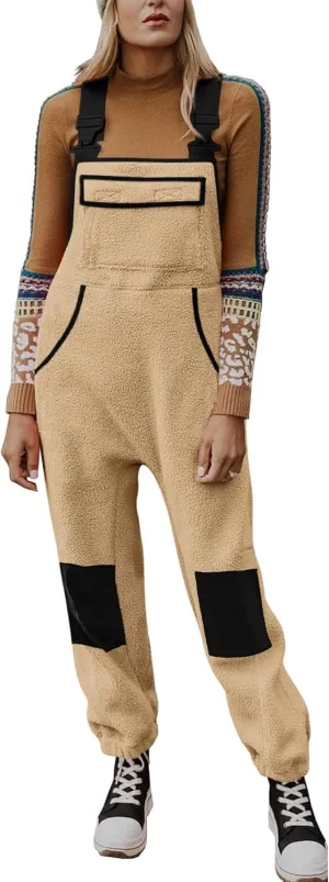 Yousify Women's Fleece Warm Overalls Winter Casual Jumpsuits with Pockets Ski Bibs Snow Pants S-2XL