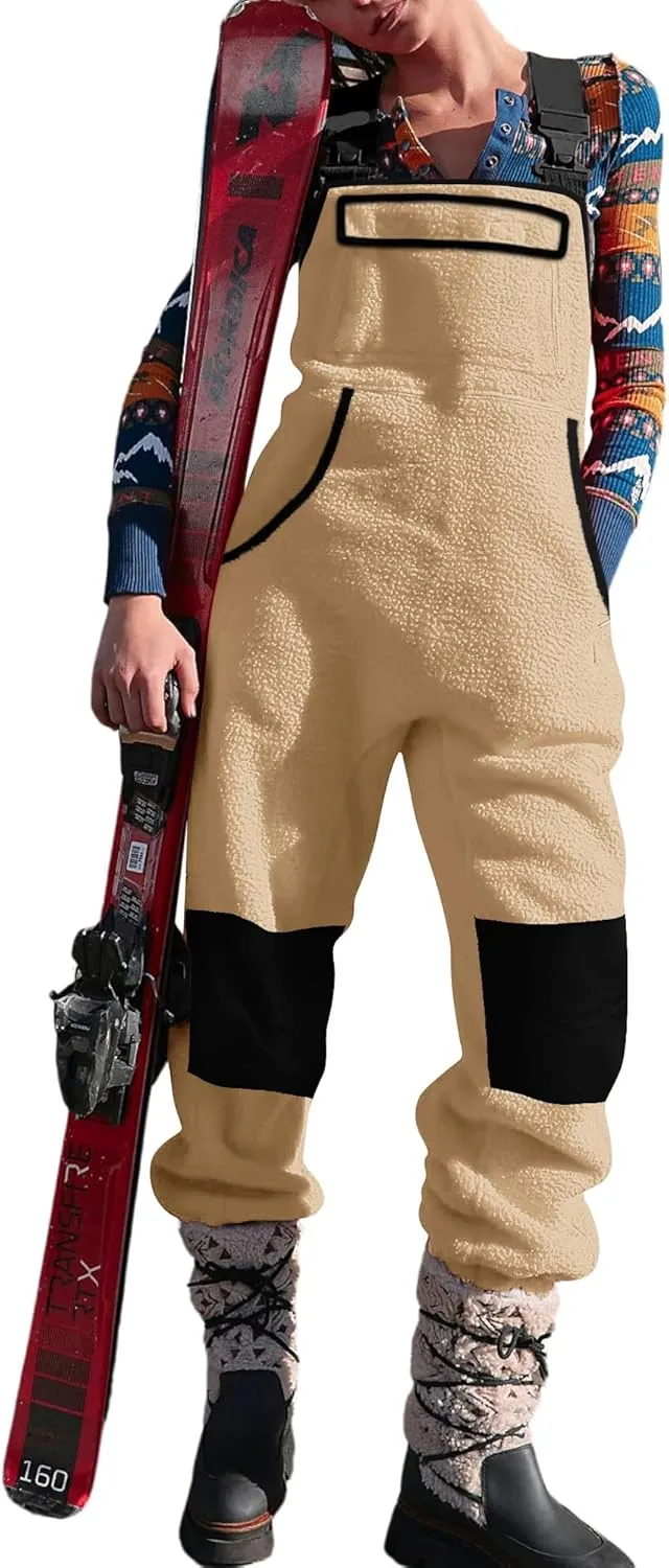 Yousify Women's Fleece Warm Overalls Winter Casual Jumpsuits with Pockets Ski Bibs Snow Pants S-2XL
